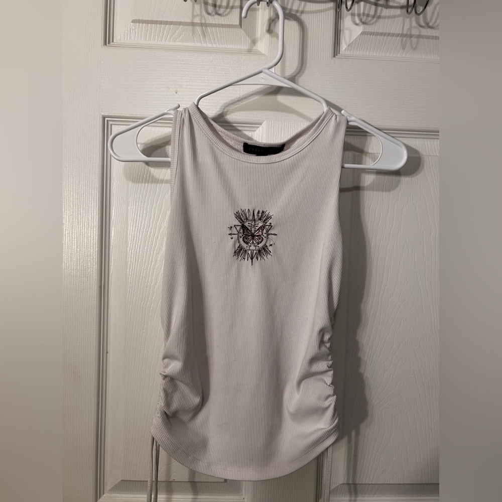 White Ruched Tank Top with Butterfly Embroidery